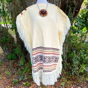 Vtg Fringed Poncho Sweater Shawl Brown Orange Retro Boho One Sz Unisex Dress